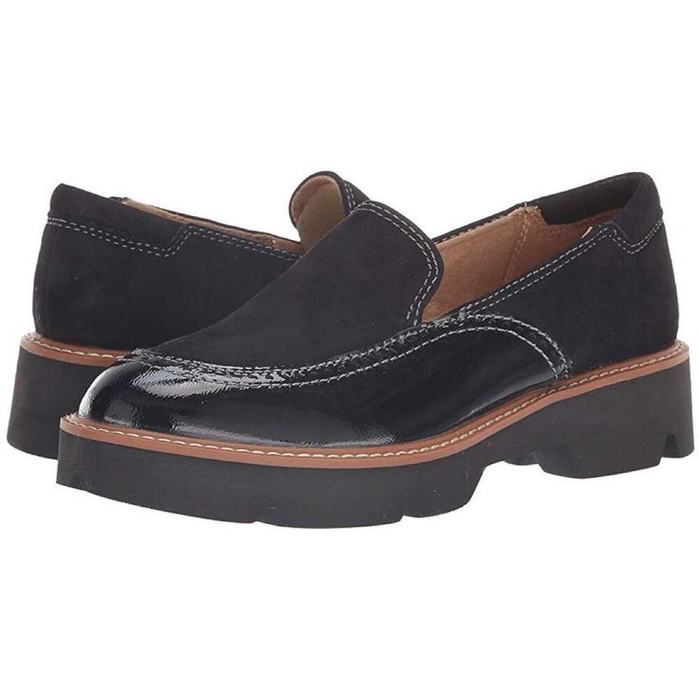 Naturalizer Lark Platform Loafers Womens size 6 W Black Patent + Suede Leather